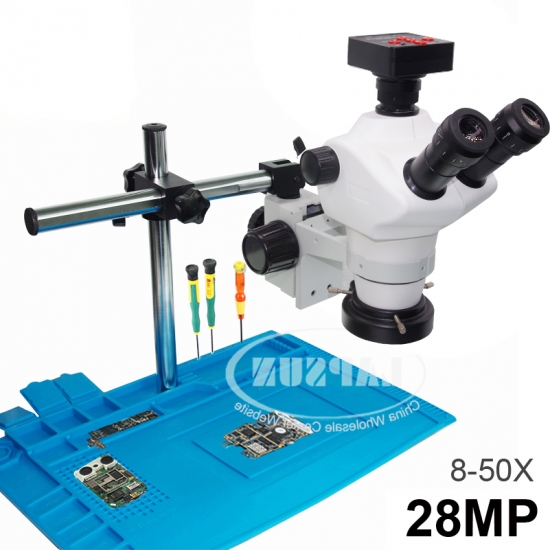 Simul-focal 8X-50X Trinocular Industrial Zoom Stereo Microscope ST8050 + 28MP HDMI USB Camera - Click Image to Close