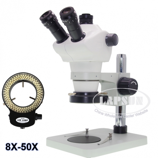 Simul focal 8X - 50X Track Stand Stereo Zoom Parfocal Trinocular Microscope LED - Click Image to Close