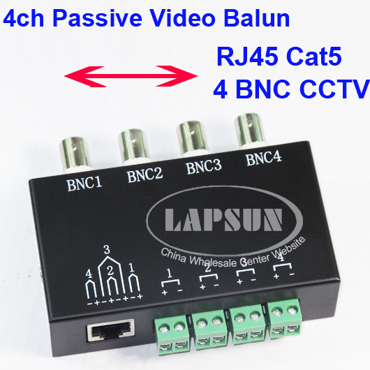 UTP 4 Channel CH Passive Video Balun to CAT5 RJ45 & 4 BNC CCTV Adapter Q-204 - Click Image to Close