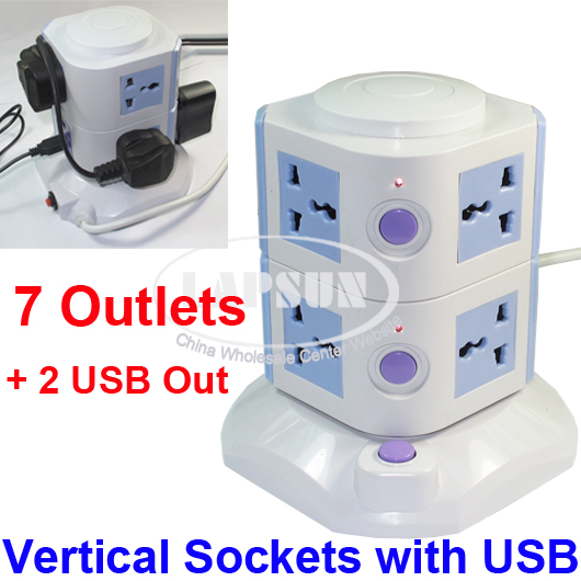 7 Ways Power Strip Multi Switched Vertical Socket Outlet + 2 USB Charger Ports - Click Image to Close