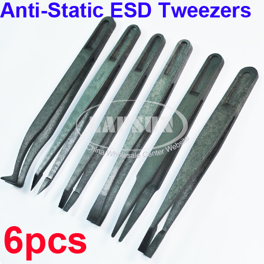 6pcs Heat Resistant Plastic Fibre Anti Static ESD Tweezers Set Nipper Flat Tips - Click Image to Close