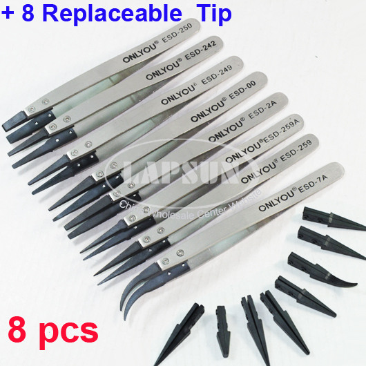 8 PCS Stainless Steel Replaceable Tip AntiStatic ESD Tweezer Set Nipper + 8 Tips - Click Image to Close