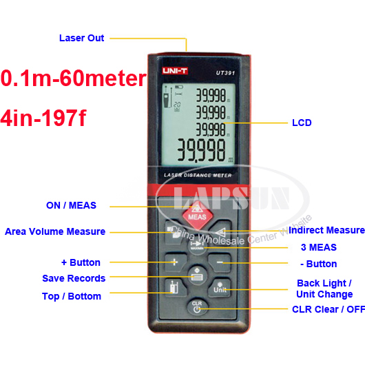 UNI-T UT391 Handheld Laser Distance Meter Digital Area Volume Measure 60meter - Click Image to Close