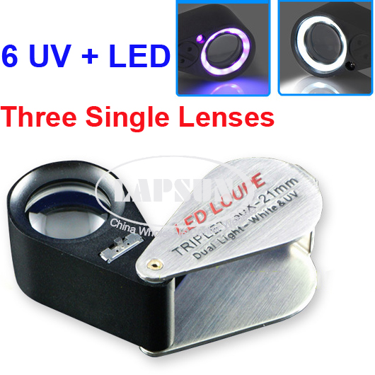 30X 21mm High Quality Magnifier Jeweler Loupe Triplet Glass Lens LED + UV Light - Click Image to Close