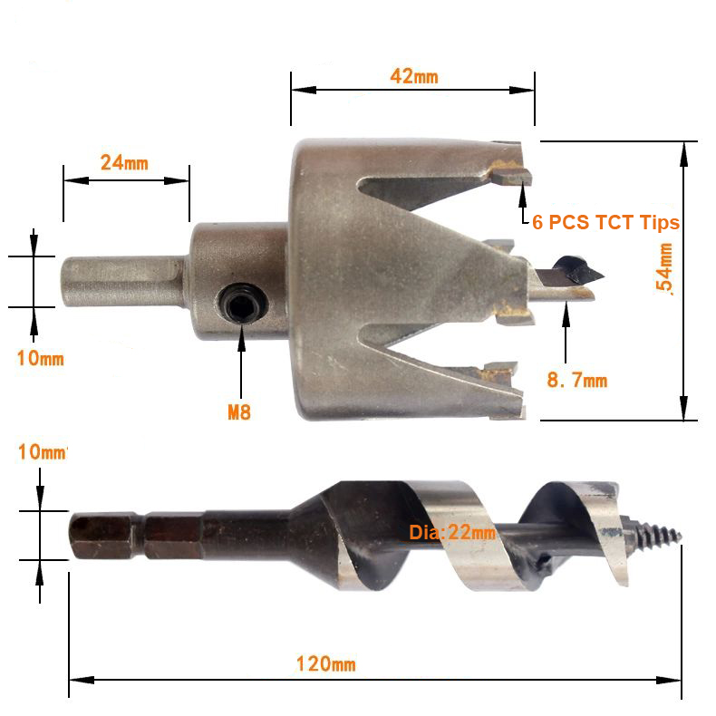 54mm (21/8") Door Lock Installation Drill Kit TCT Hole Saw Drill Bits