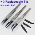 3 PCS Stainless Steel Replaceable Tip AntiStatic ESD Tweezer Set Nipper + 3 Tips