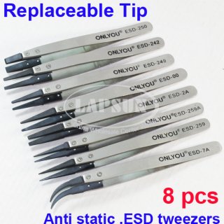 8 PCS Stainless Steel Replaceable Tip Type AntiStatic ESD Tweezer Set Nipper