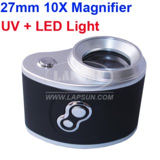 LED Light Illuminated + Ultraviolet Lamp 10X 27mm Pocket Adjustable Focus Magnifier