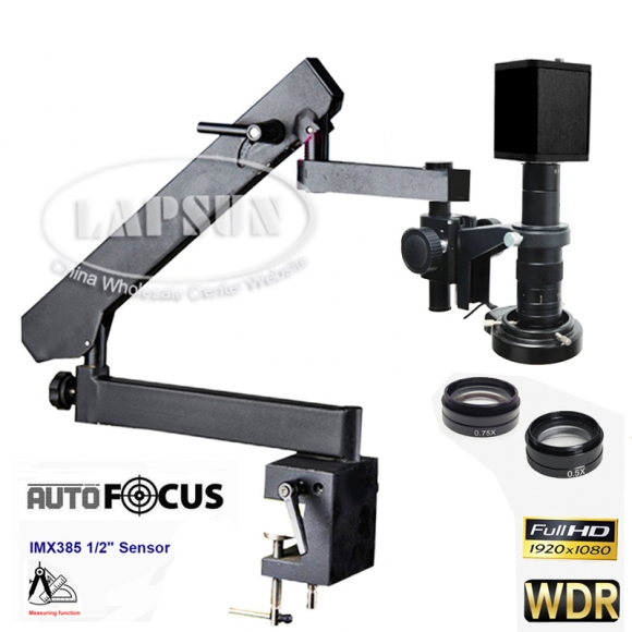 IMX385 V2 60FPS Auto Focus Focal HDMI WDR Video Industry C-Mount Camera Microscope Set Articulating Stand Clamp 0.75X Barlow Lens