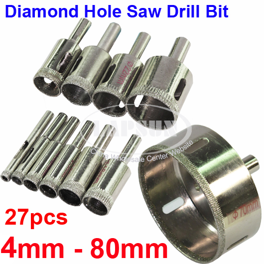 27PCS Diamond Hole Saw 4mm-80mm Tile Ceramic Glass Porcelain Marble Drill Bits