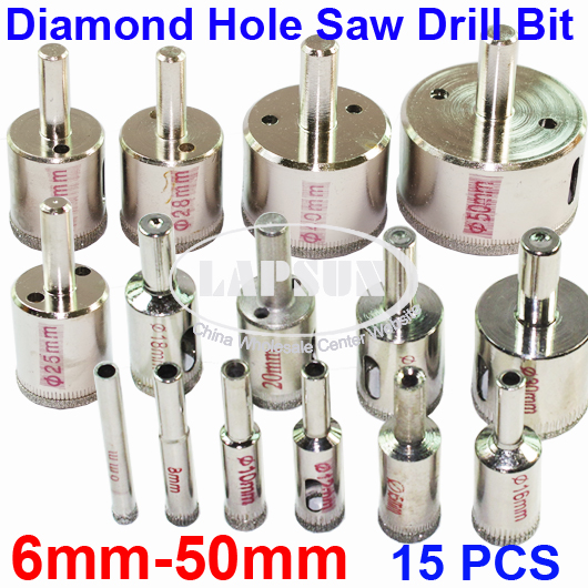 15PCS Diamond Hole Saw 6mm-50mm Tile Ceramic Glass Porcelain Marble Drill Bits